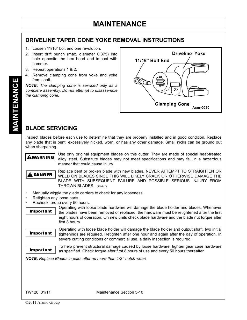 Loosen 11/16” bolt end one revolution, Repeat operations 1 & 2, Remove clamping cone from yoke and yoke from shaft | Blade servicing, Maintenance, Driveline taper cone yoke removal instructions | Blue Rhino TW120 FC-0024 User Manual | Page 166 / 194