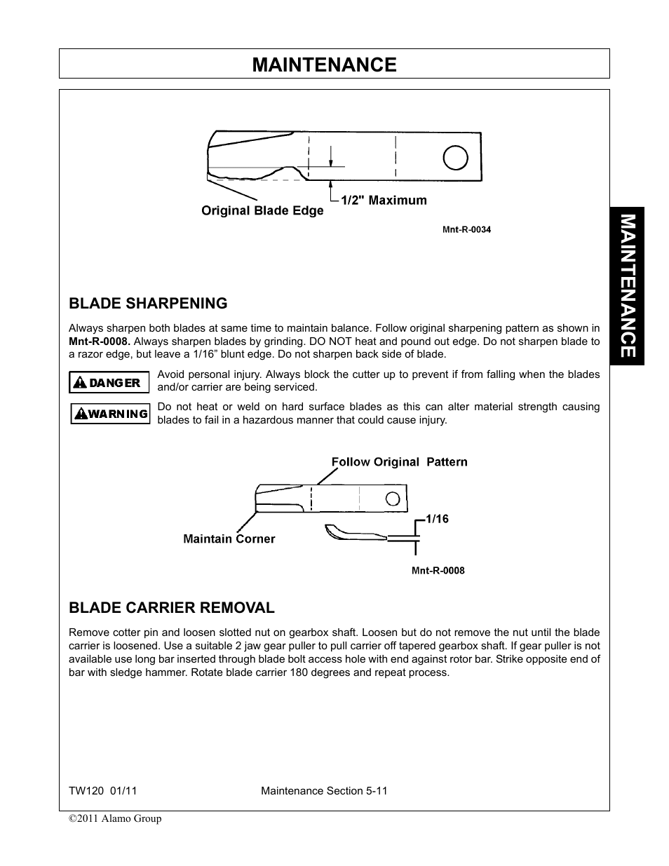 Blade sharpening, Blade carrier removal, Blade sharpening -11 blade carrier removal -11 | Maintenance | Blue Rhino TW120 FC-0024 User Manual | Page 167 / 194