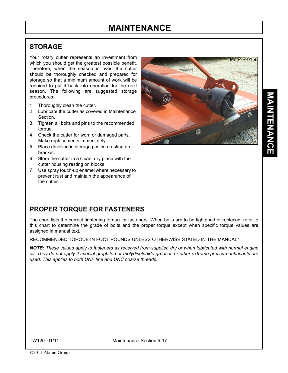 Storage, Thoroughly clean the cutter, Proper torque for fasteners | Storage -17 proper torque for fasteners -17, Maintenance | Blue Rhino TW120 FC-0024 User Manual | Page 173 / 194