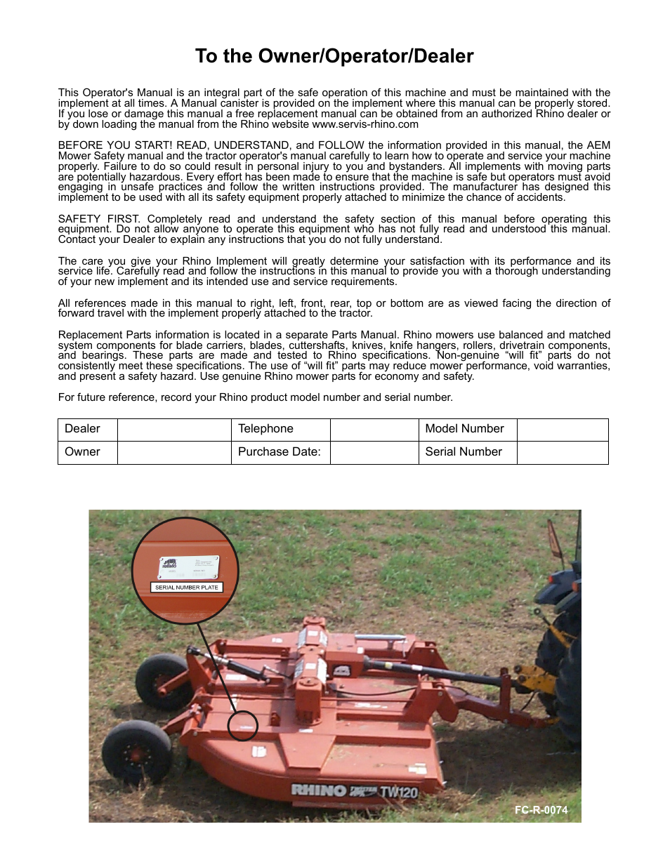 To the owner/operator/dealer | Blue Rhino TW120 FC-0024 User Manual | Page 2 / 194