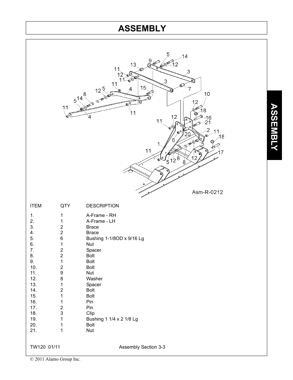 1 a-frame - rh, 1 a-frame - lh, 2 brace | 6 bushing 1-1/8od x 9/16 lg, 1 nut, 2 spacer, 2 bolt, 1 bolt, 9 nut, 8 washer | Blue Rhino TW120 FC-0024 User Manual | Page 99 / 194