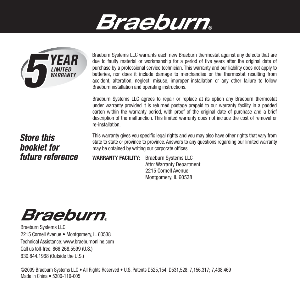 5300_warranty.pdf, Year, Store this booklet for future reference | Braeburn 5300 3H-2C User Manual User Manual | Page 15 / 15