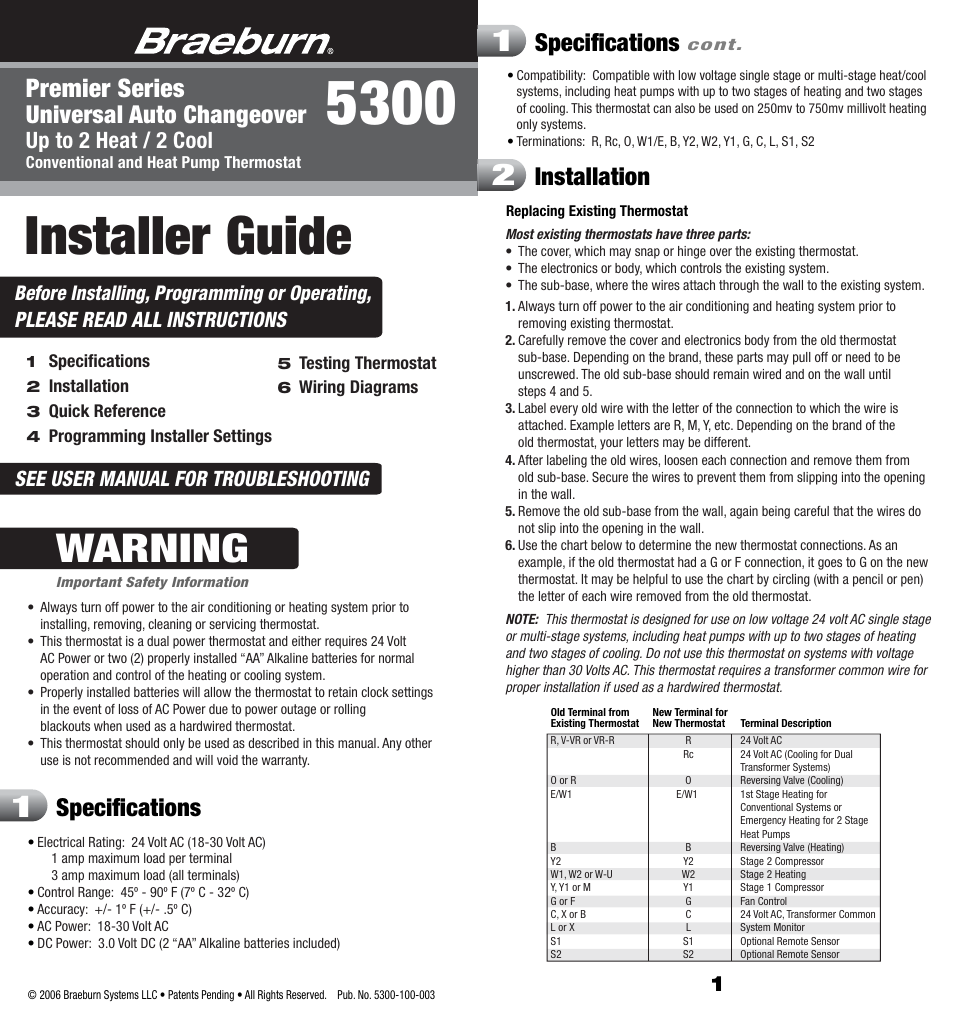 Braeburn 5300 2H-2C Installer Manual User Manual | 7 pages