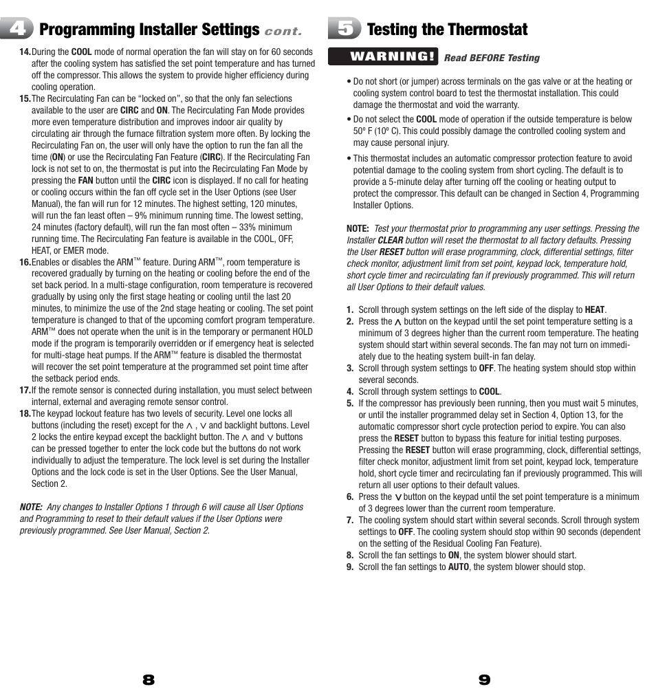 5300i_8_9.pdf, Programming installer settings, Testing the thermostat | Braeburn 5300 2H-2C Installer Manual User Manual | Page 5 / 7