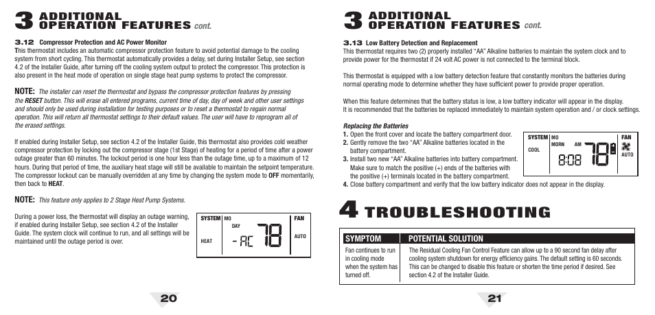 53u_20_21.pdf, Troubleshooting, Additional operation features | Braeburn 5300 2H-2C User Manual User Manual | Page 11 / 14