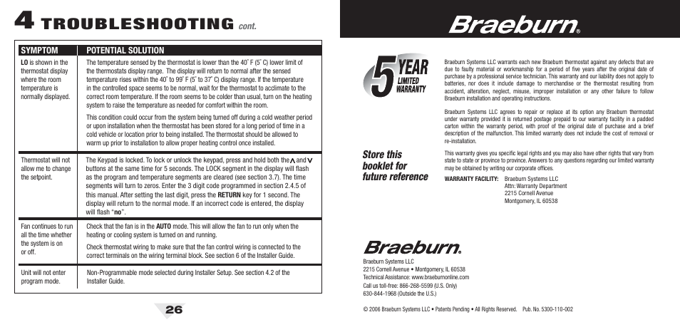 53u_26_bck.pdf, Troubleshooting, Store this booklet for future reference | Braeburn 5300 2H-2C User Manual User Manual | Page 14 / 14