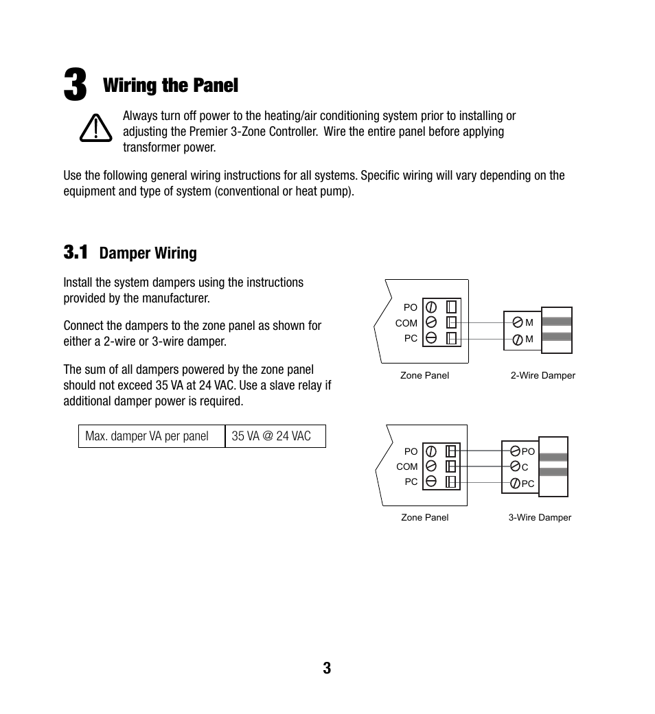 Wiring the panel, Damper wiring | Braeburn 140303 User Manual | Page 4 / 12