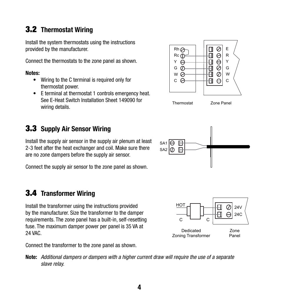 Thermostat wiring, Supply air sensor wiring, Transformer wiring | Braeburn 140303 User Manual | Page 5 / 12