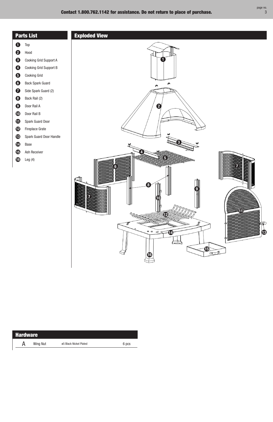 Parts list, Hardware, Exploded view | Blue Rhino WAF513ST User Manual | Page 3 / 8