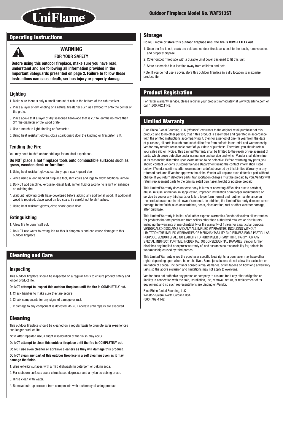 Storage, Product registration, Limited warranty | Warning, Cleaning and care, Cleaning, Operating instructions | Blue Rhino WAF513ST User Manual | Page 6 / 8