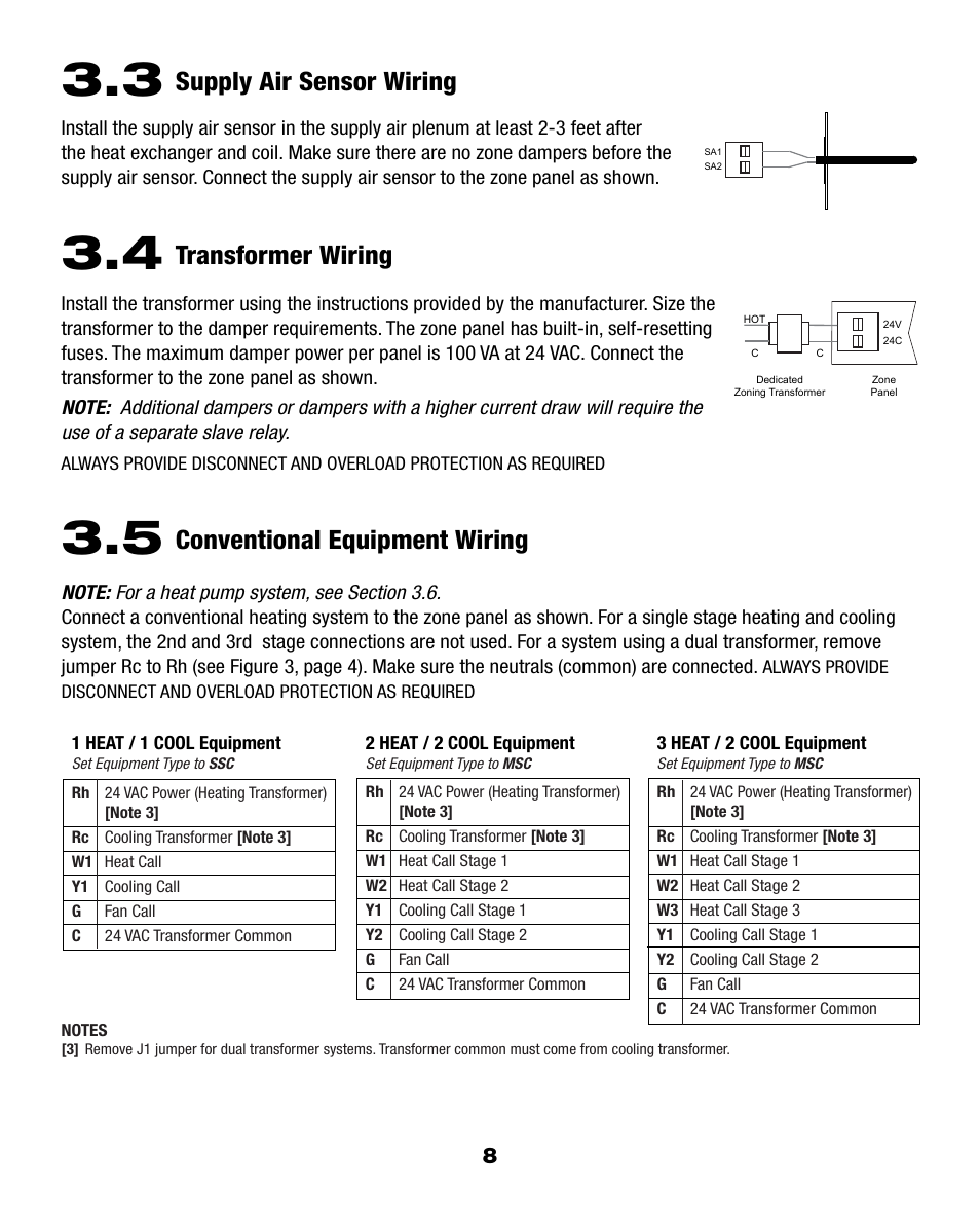 Supply air sensor wiring, Transformer wiring, Conventional equipment wiring | Braeburn 140404 User Manual | Page 8 / 22