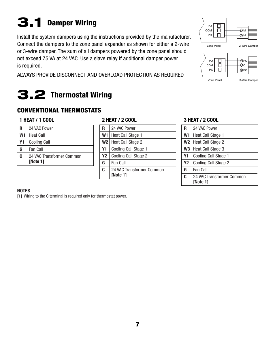 Damper wiring, Thermostat wiring, Conventional thermostats | Braeburn 140424 User Manual | Page 7 / 12