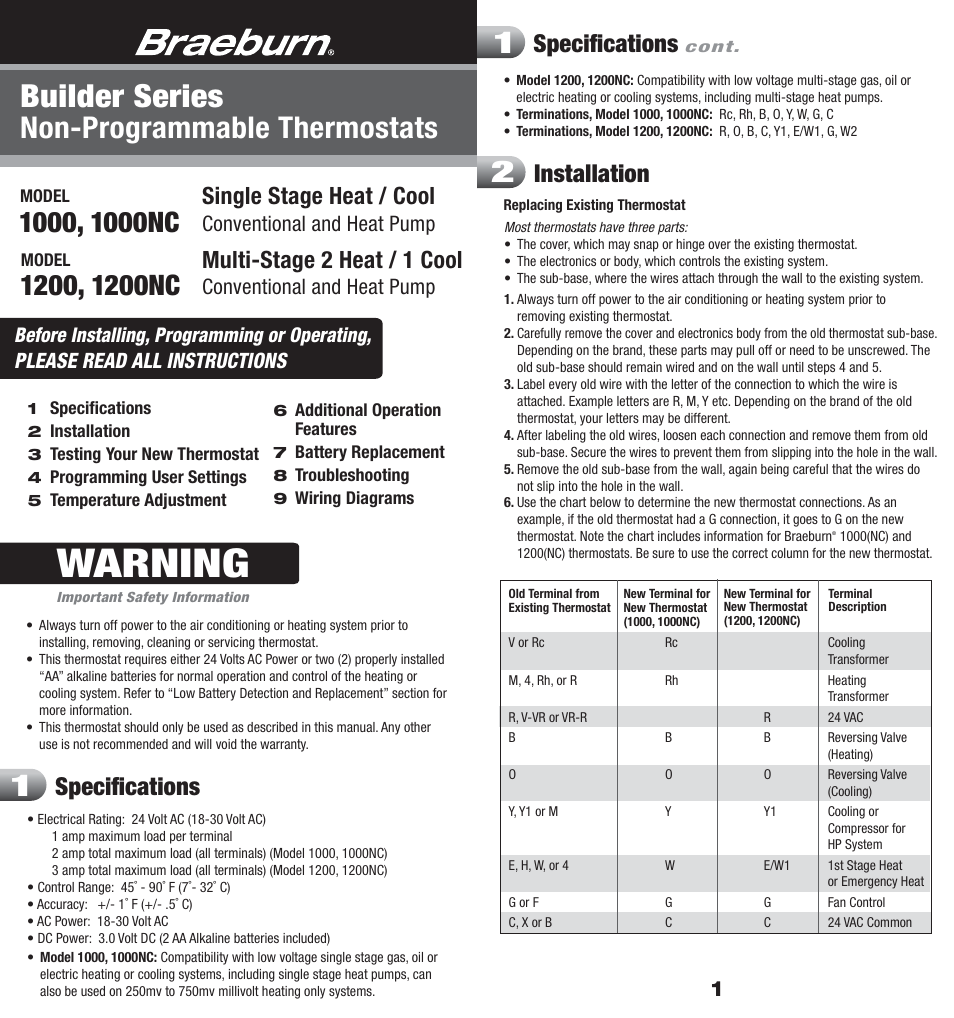 Braeburn 1200 User Manual | 7 pages