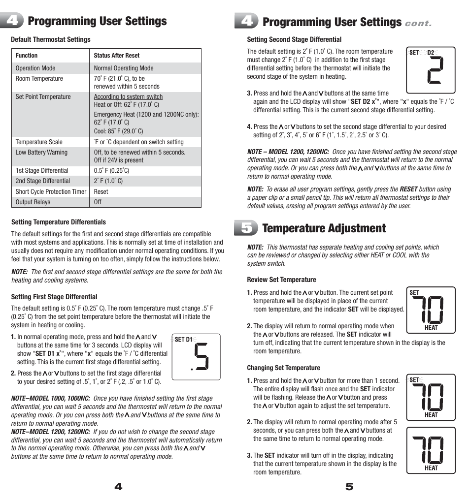 Programming user settings, Temperature adjustment | Braeburn 1200 User Manual | Page 3 / 7