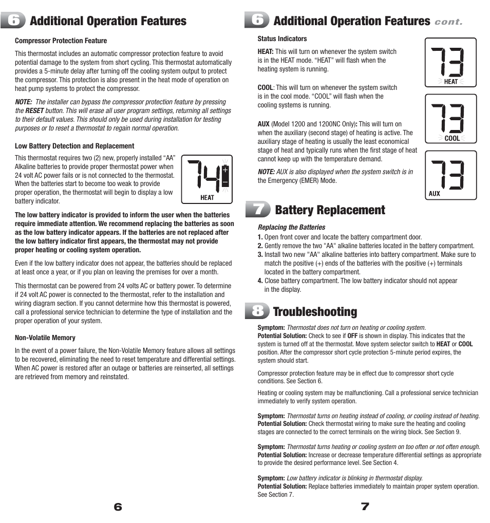 Additional operation features, Troubleshooting, Battery replacement | Braeburn 1200 User Manual | Page 4 / 7