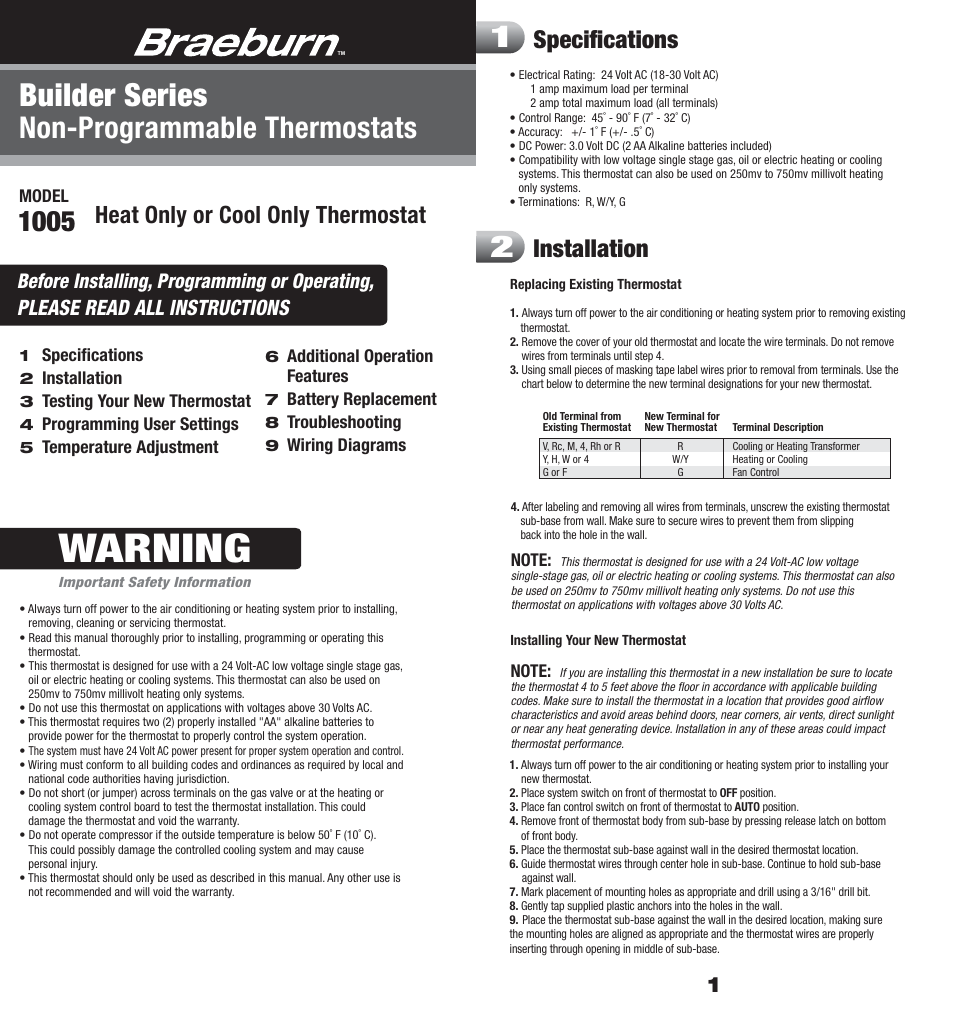 Braeburn 1005 User Manual | 5 pages
