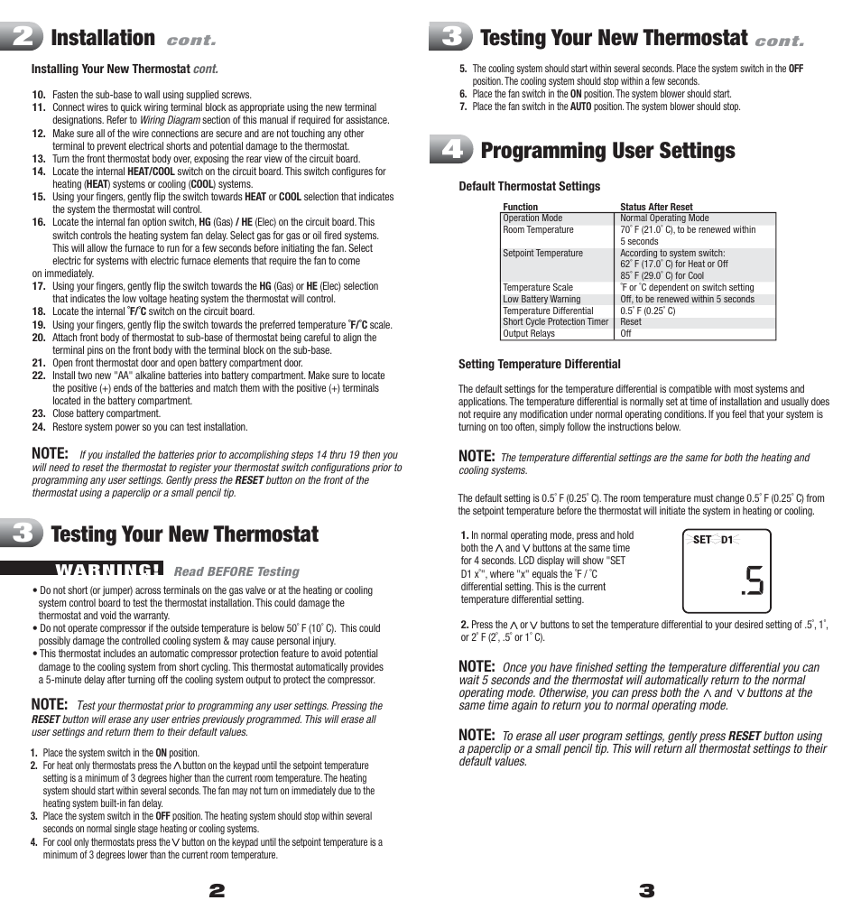 Installation, Testing your new thermostat, Programming user settings | Braeburn 1005 User Manual | Page 2 / 5