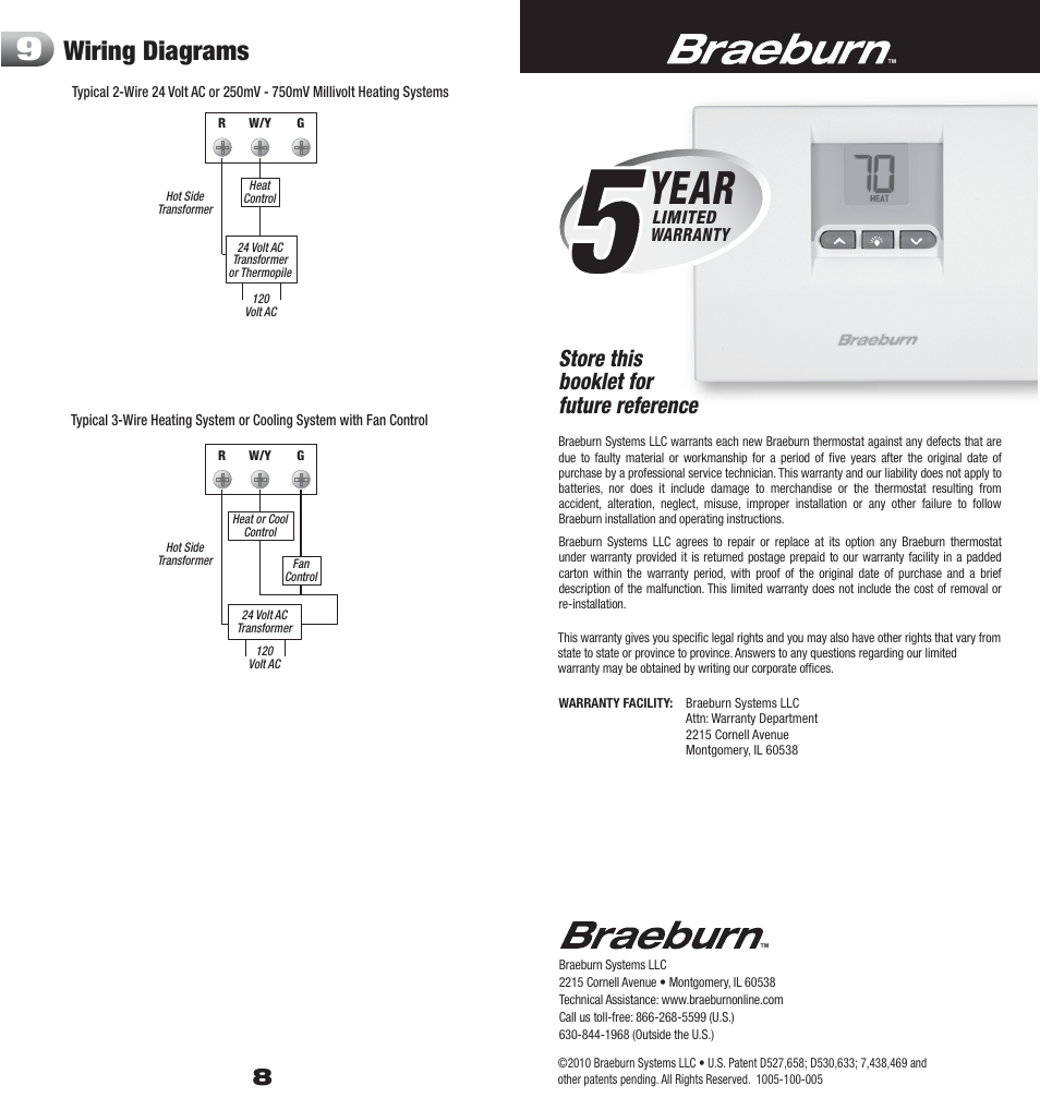 1005 8 back, Year, Wiring diagrams | Store this booklet for future reference | Braeburn 1005 User Manual | Page 5 / 5