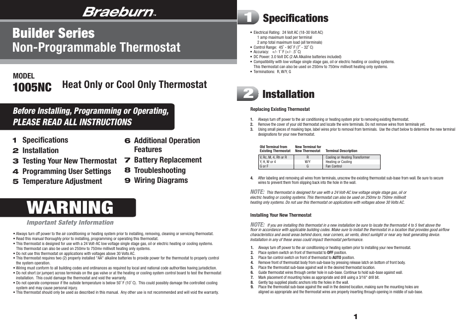 Braeburn 1005NC User Manual | 5 pages