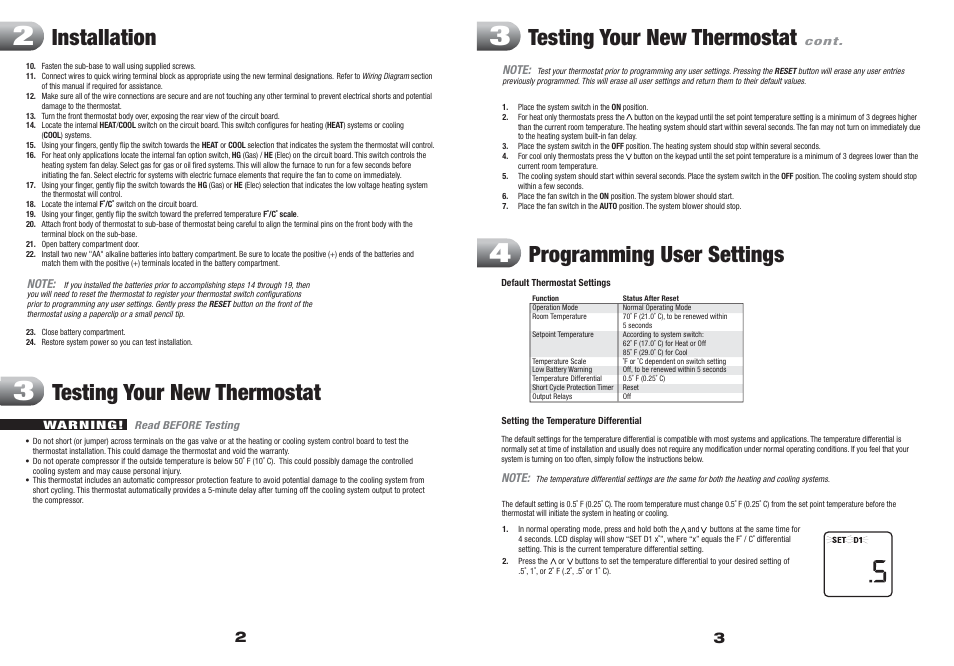 1005nc eng 2 3, Installation, Testing your new thermostat | Programming user settings | Braeburn 1005NC User Manual | Page 2 / 5