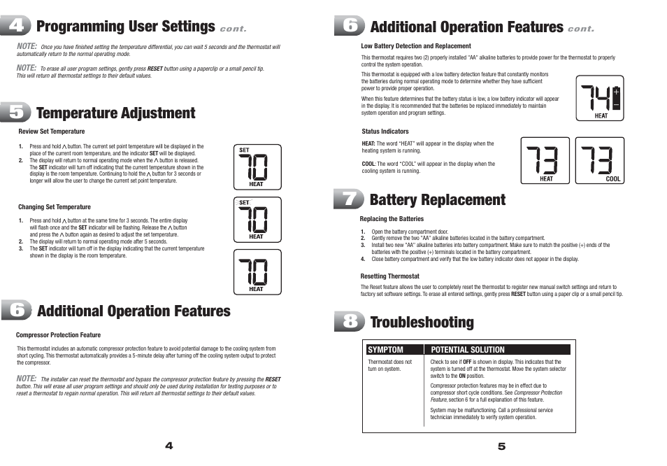 1005nc eng 4 5, Programming user settings, Temperature adjustment | Additional operation features, Battery replacement, Troubleshooting | Braeburn 1005NC User Manual | Page 3 / 5