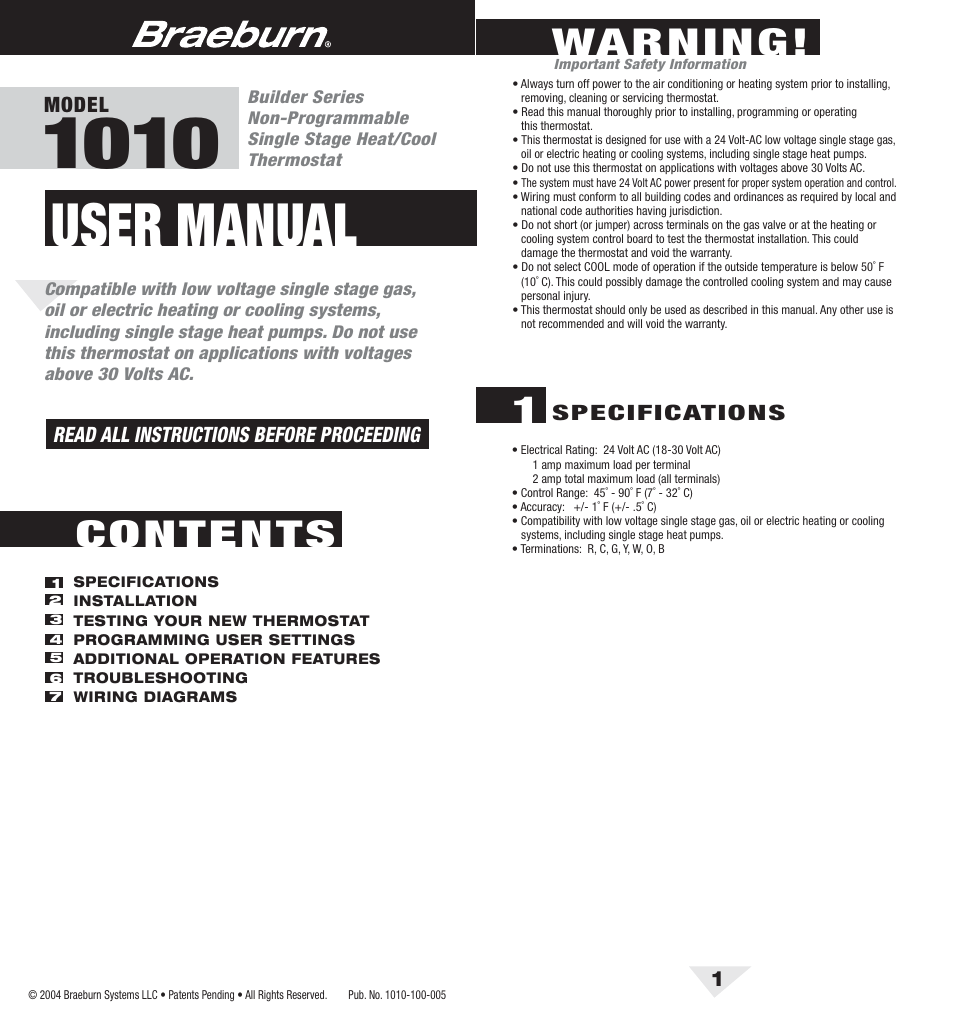 Braeburn 1010 User Manual | 5 pages