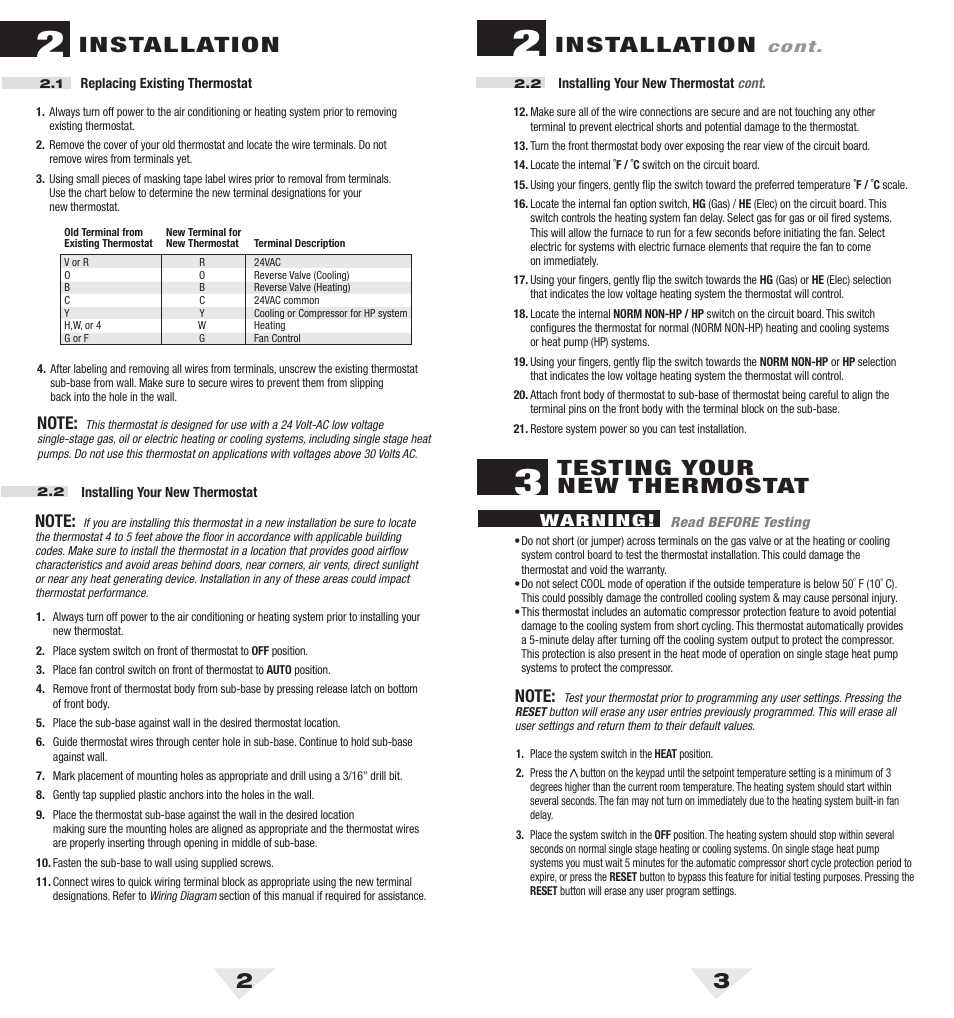 1010_2_3.pdf, 23 installation, Installation | Testing your new thermostat | Braeburn 1010 User Manual | Page 2 / 5