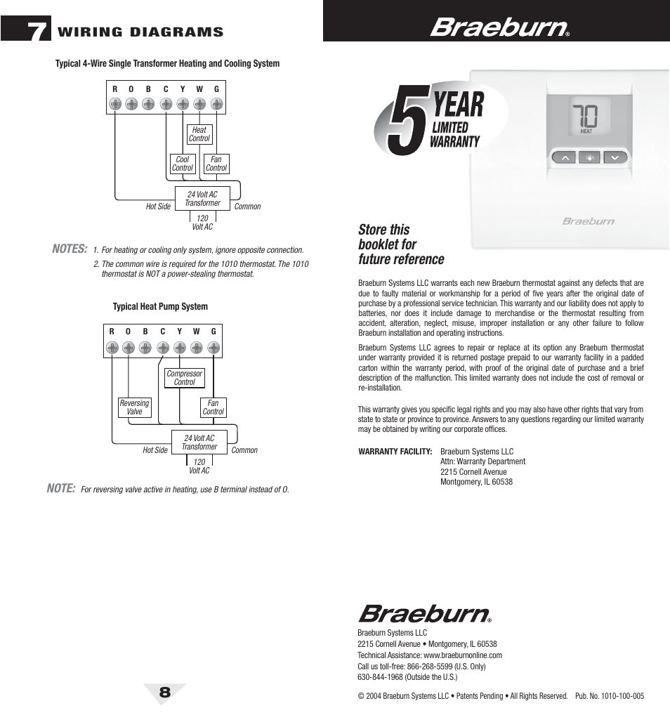 1010_8_bck.pdf, Store this booklet for future reference, Wiring diagrams | Braeburn 1010 User Manual | Page 5 / 5