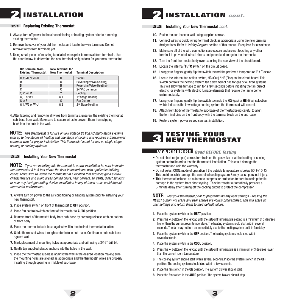 1100_2_3.pdf, 23 installation, Installation | Testing your new thermostat | Braeburn 1100 User Manual | Page 2 / 5