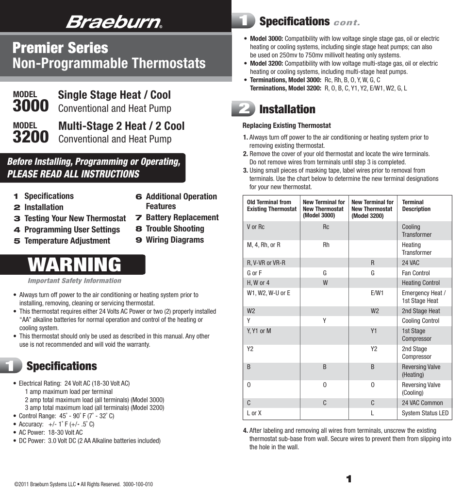 Braeburn 3200 User Manual | 7 pages