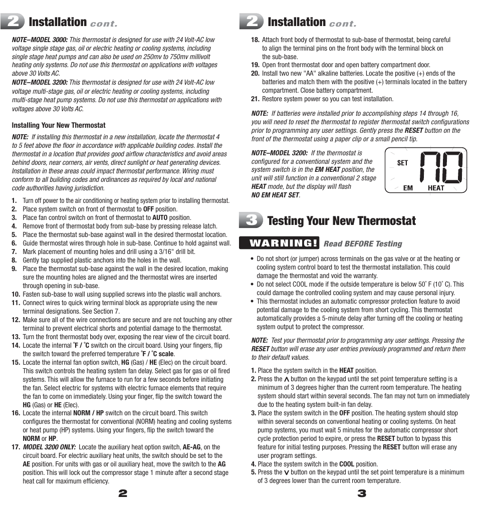 Testing your new thermostat, Installation, Warning | Braeburn 3200 User Manual | Page 2 / 7