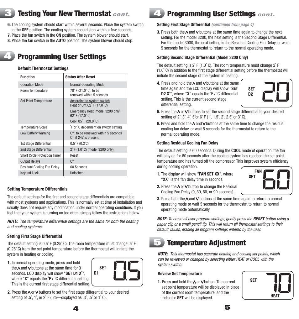 Testing your new thermostat, Programming user settings, Temperature adjustment | Braeburn 3200 User Manual | Page 3 / 7