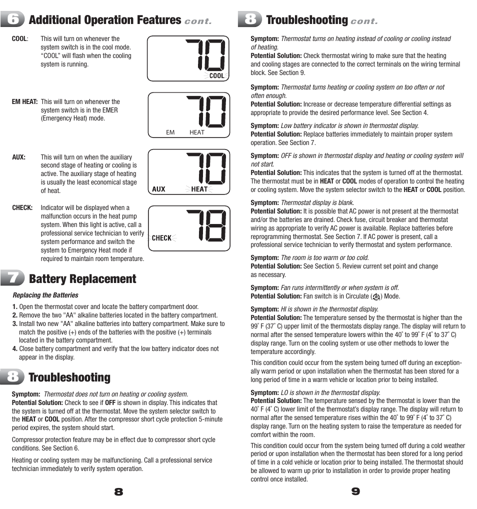 Additional operation features, Troubleshooting, Battery replacement | Braeburn 3200 User Manual | Page 5 / 7