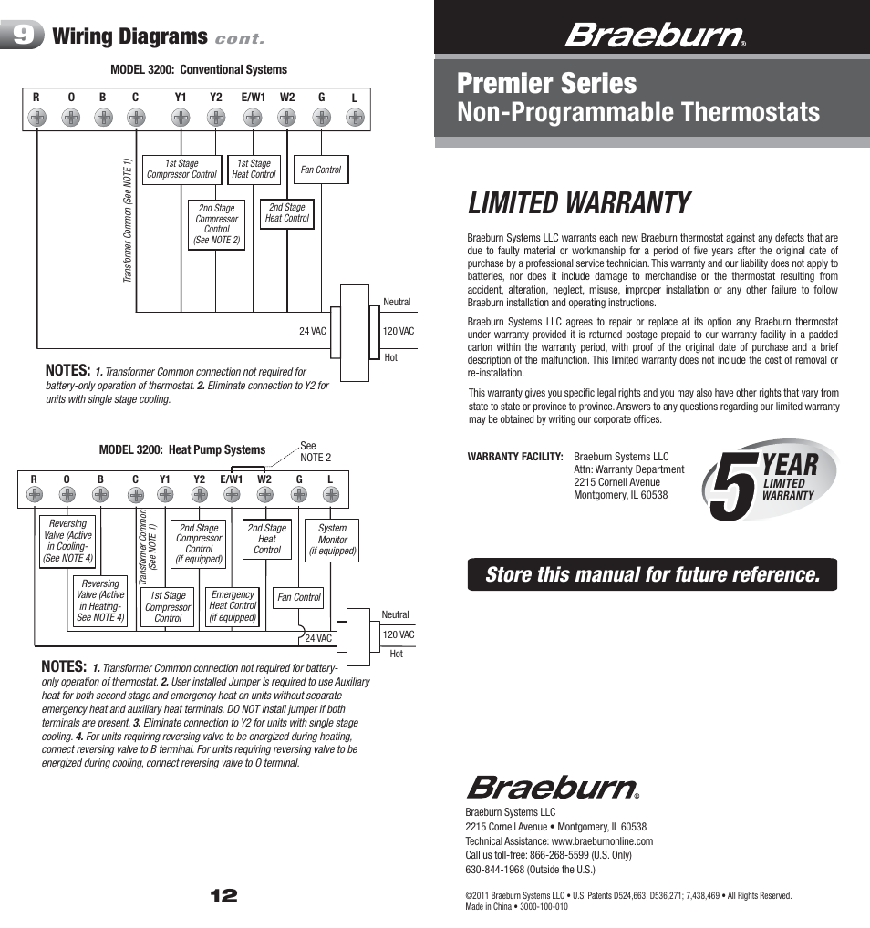 3000 12_warranty, Limited warranty, Year | Premier series, Non-programmable thermostats, Wiring diagrams, Store this manual for future reference | Braeburn 3200 User Manual | Page 7 / 7