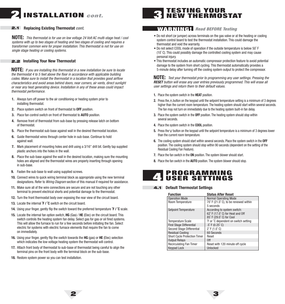 3100_2_3.pdf, 23 installation, Testing your new thermostat | Programming user settings | Braeburn 3100 User Manual | Page 2 / 6