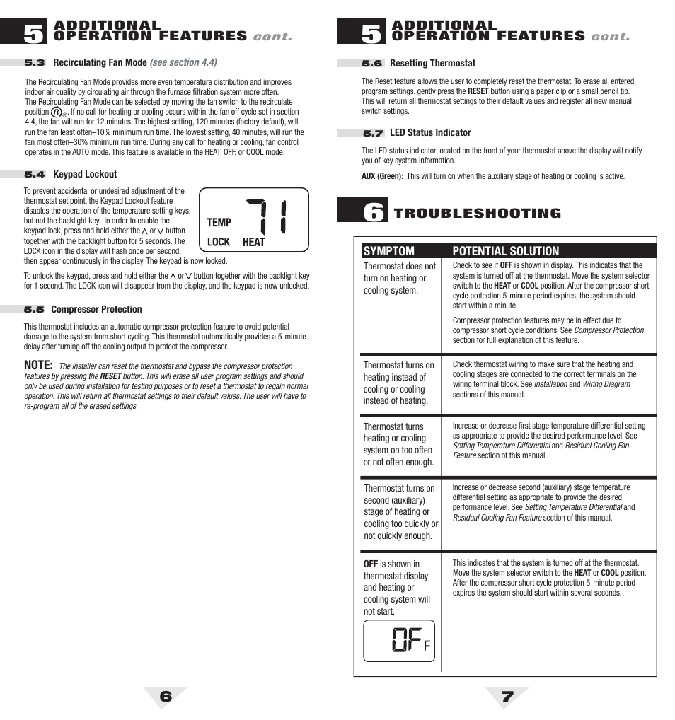 3100_6_7.pdf, Additional operation features, Troubleshooting | Symptom potential solution | Braeburn 3100 User Manual | Page 4 / 6