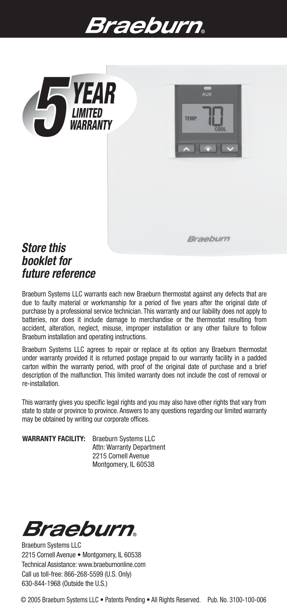 3100_bck.pdf, Store this booklet for future reference | Braeburn 3100 User Manual | Page 6 / 6