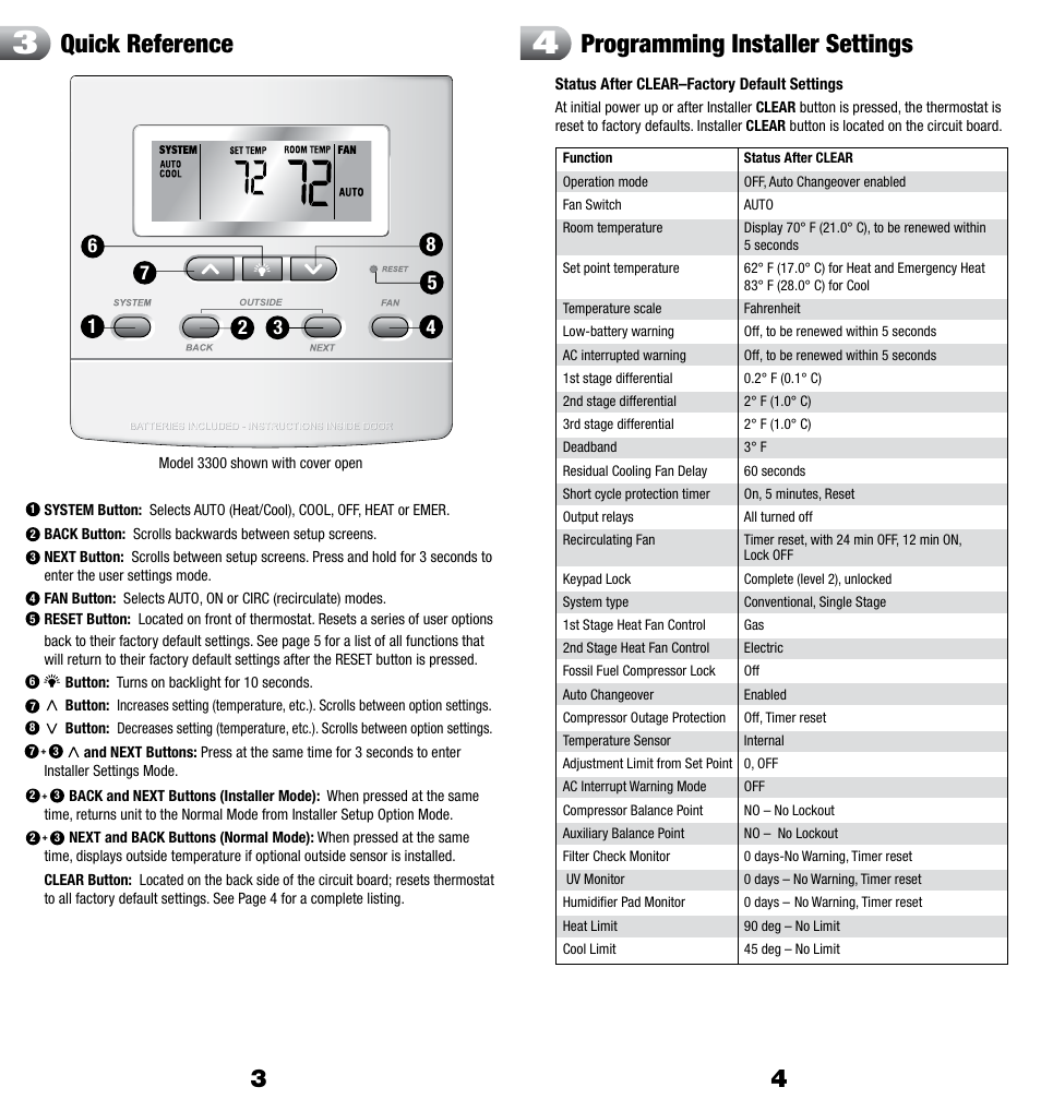 Programming installer settings, Quick reference | Braeburn 3300 User Manual | Page 3 / 13