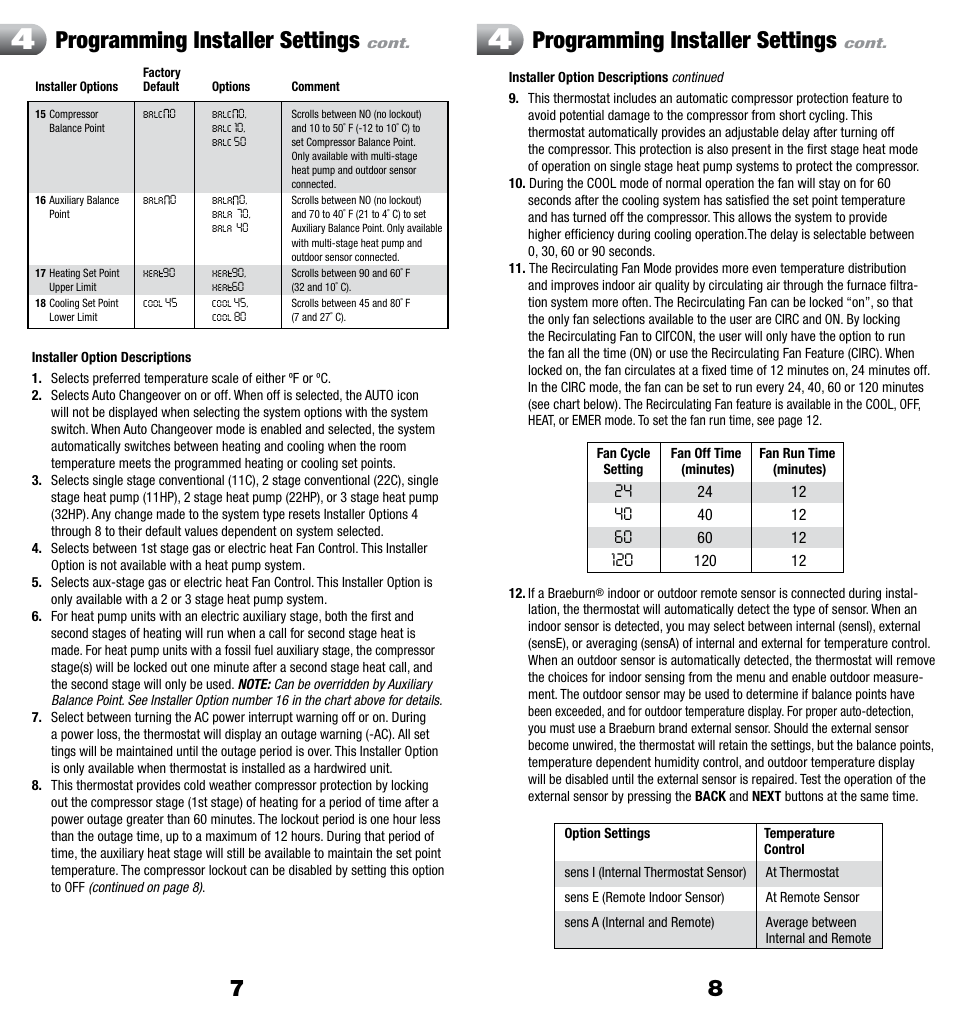 Programming installer settings | Braeburn 3300 User Manual | Page 5 / 13