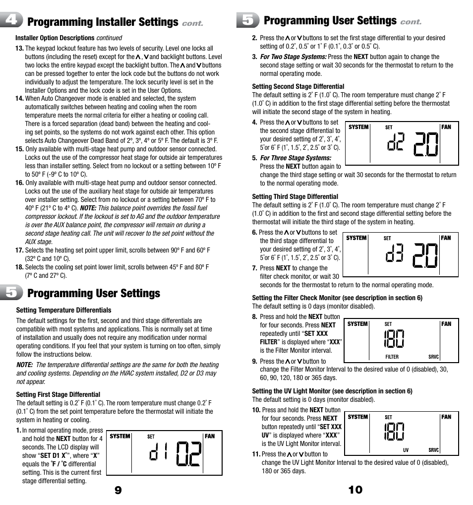 Programming user settings, Programming installer settings | Braeburn 3300 User Manual | Page 6 / 13