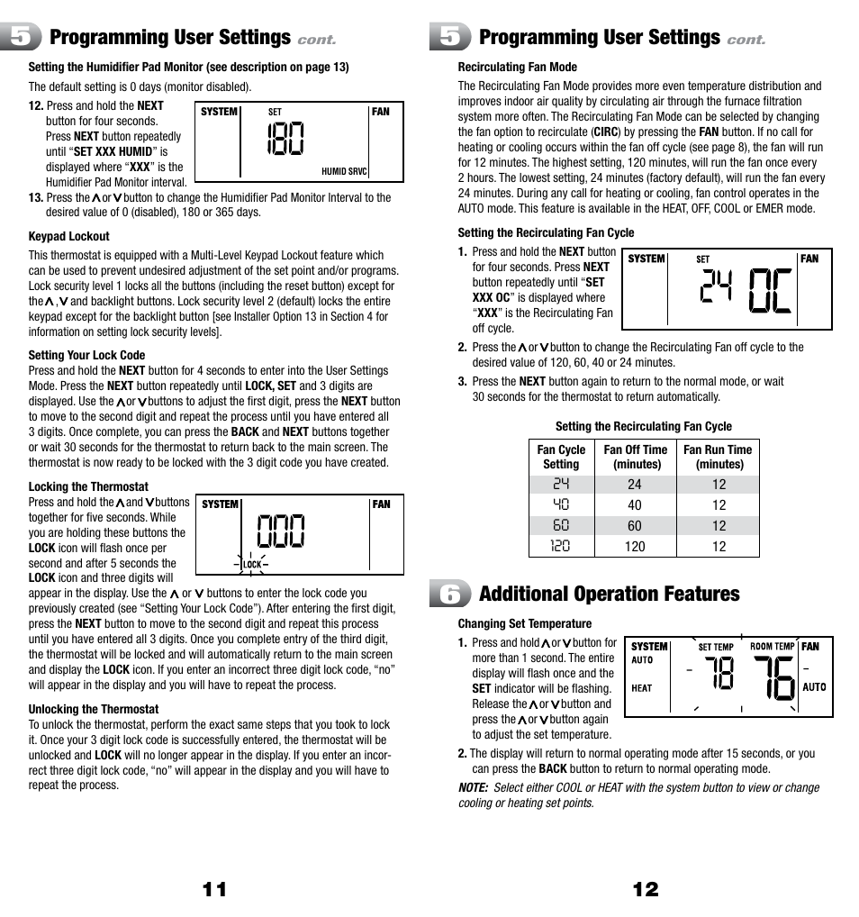 Additional operation features, Programming user settings | Braeburn 3300 User Manual | Page 7 / 13