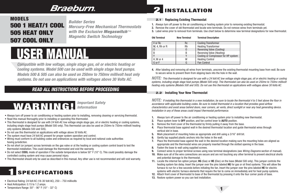 Braeburn 507 User Manual | 3 pages