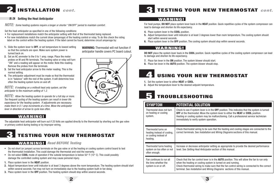 003_2_3.pdf, Installation, Testing your new thermostat | Using your new thermostat troubleshooting | Braeburn 507 User Manual | Page 2 / 3