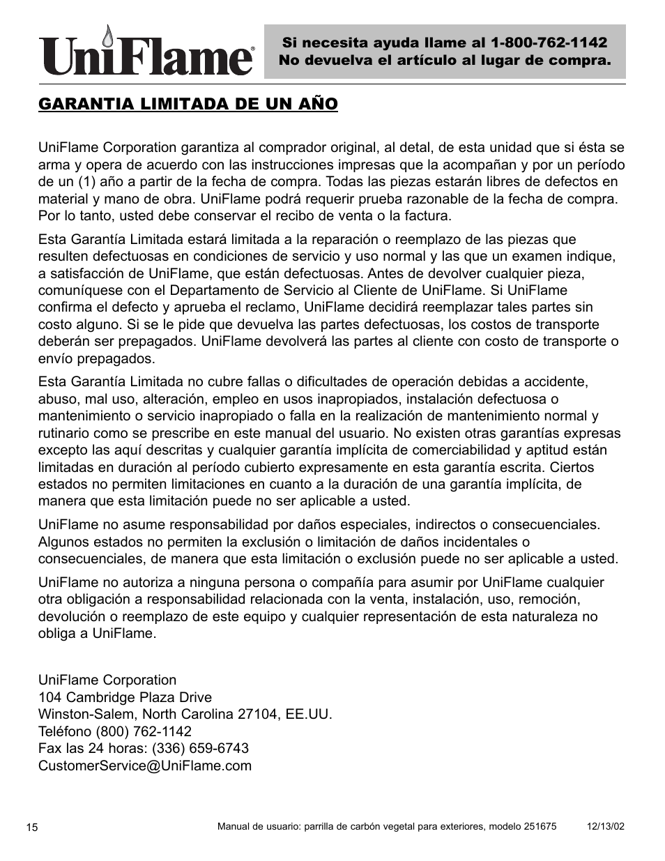 Garantia limitada de un año | Blue Rhino UniFlame 251675 User Manual | Page 16 / 21