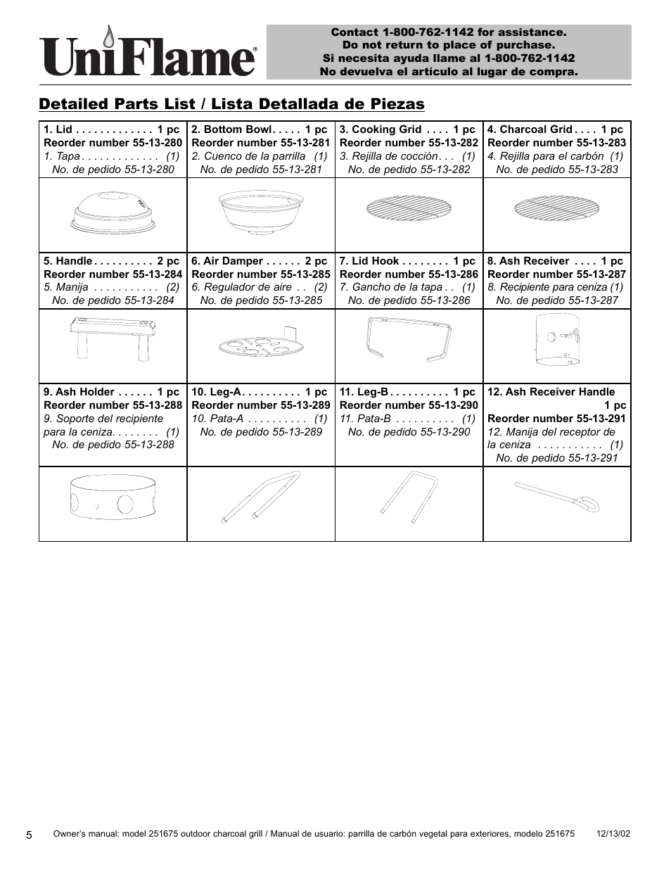 Detailed parts list / lista detallada de piezas | Blue Rhino UniFlame 251675 User Manual | Page 6 / 21