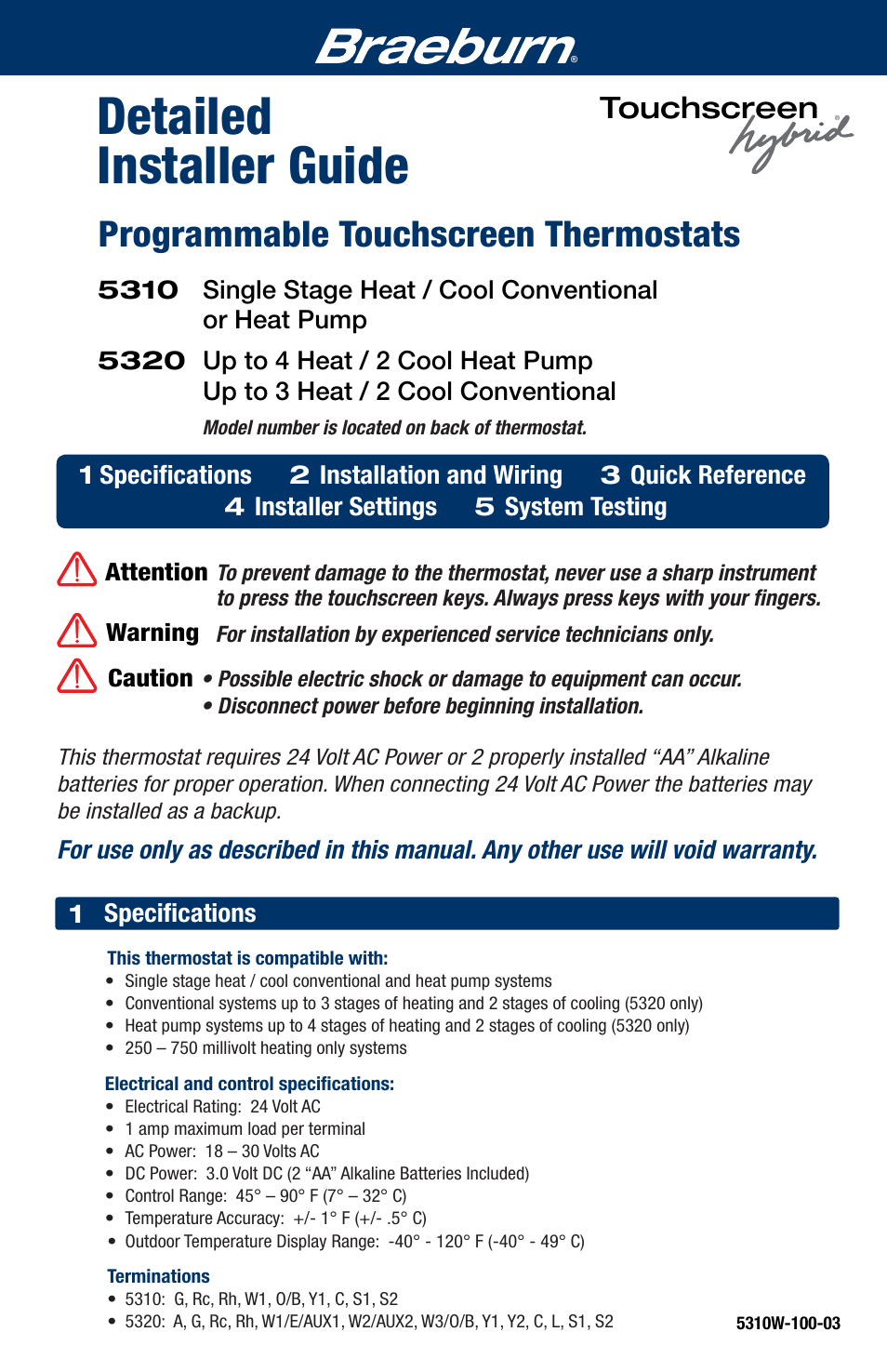 Braeburn 5320 Installer Guide User Manual | 17 pages