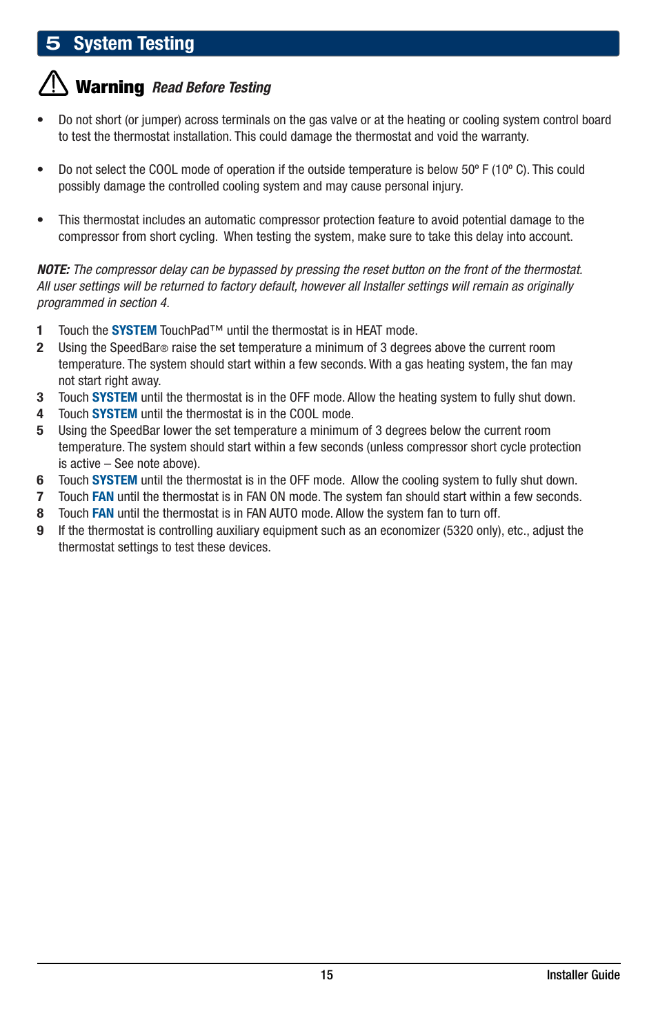 5 system testing, Warning | Braeburn 5320 Installer Guide User Manual | Page 15 / 17