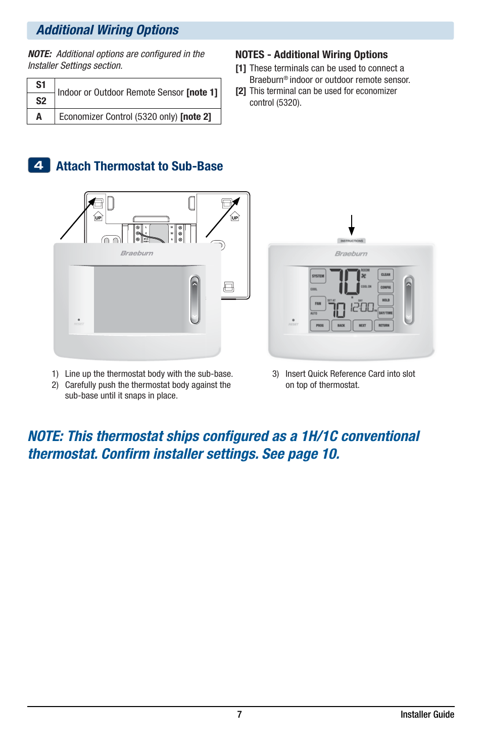 Additional wiring options, Attach thermostat to sub-base, 7 installer guide | Braeburn 5320 Installer Guide User Manual | Page 7 / 17