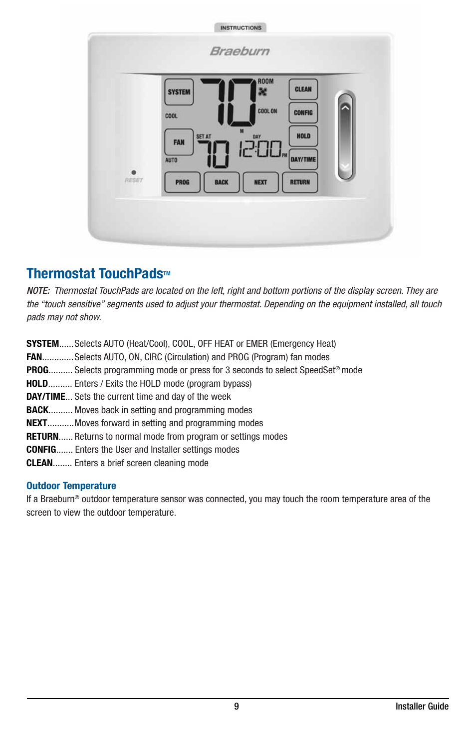Thermostat touchpads | Braeburn 5320 Installer Guide User Manual | Page 9 / 17