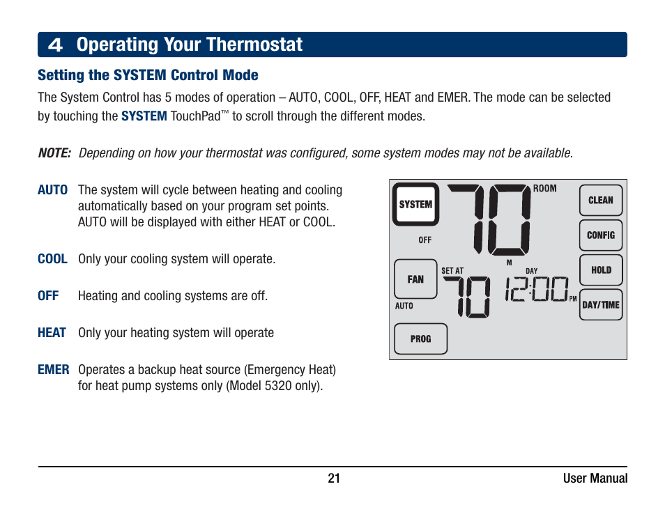 4 operating your thermostat | Braeburn 5320 User Manual User Manual | Page 21 / 35